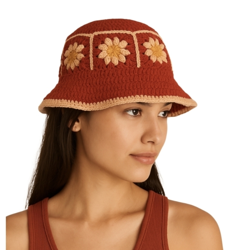 Hand crafted Upcycled Handmade Crochet bucket hat orange yellow & white floral